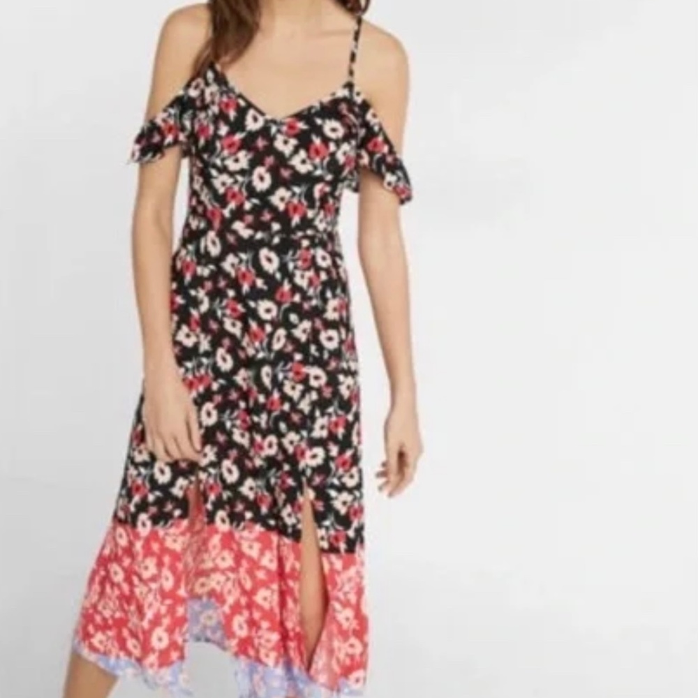 EXPRESS Floral Print Cold Shoulder Midi Dress Size Small Like New